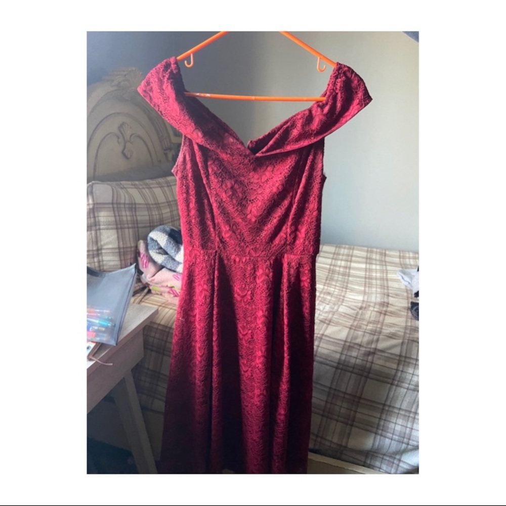 Burgundy Laced Off the Shoulder Dress